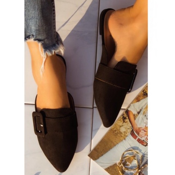 Shoes - Faux Suede Buckle Mule in Black